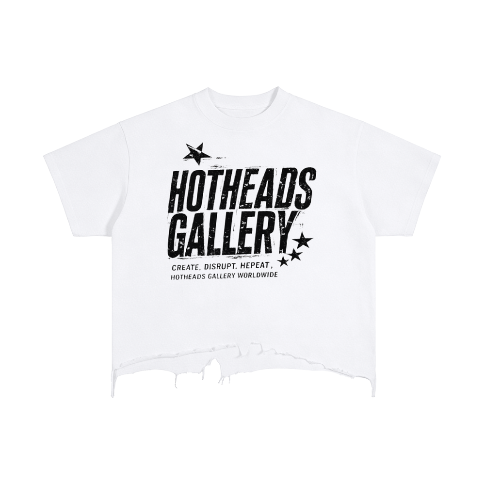 Front view of a warm-white Hotheads Worldwide distressed-hem tee with stacked black Hotheads Gallery and Create, Disrupt, Repeat artwork.