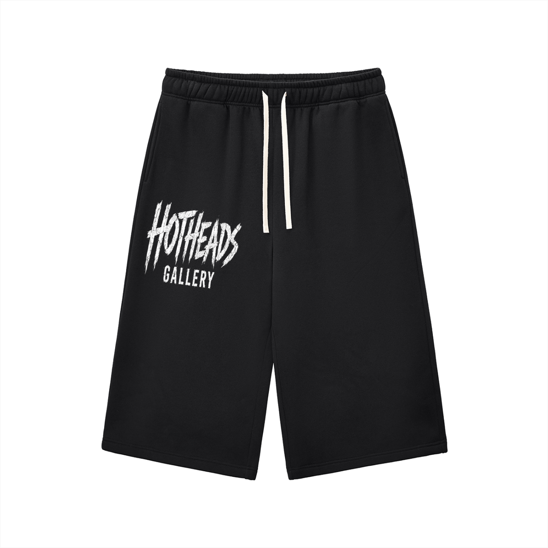 Front view of black Chaos in Art three-quarter sweatpants with white Hotheads Gallery artwork on one leg.