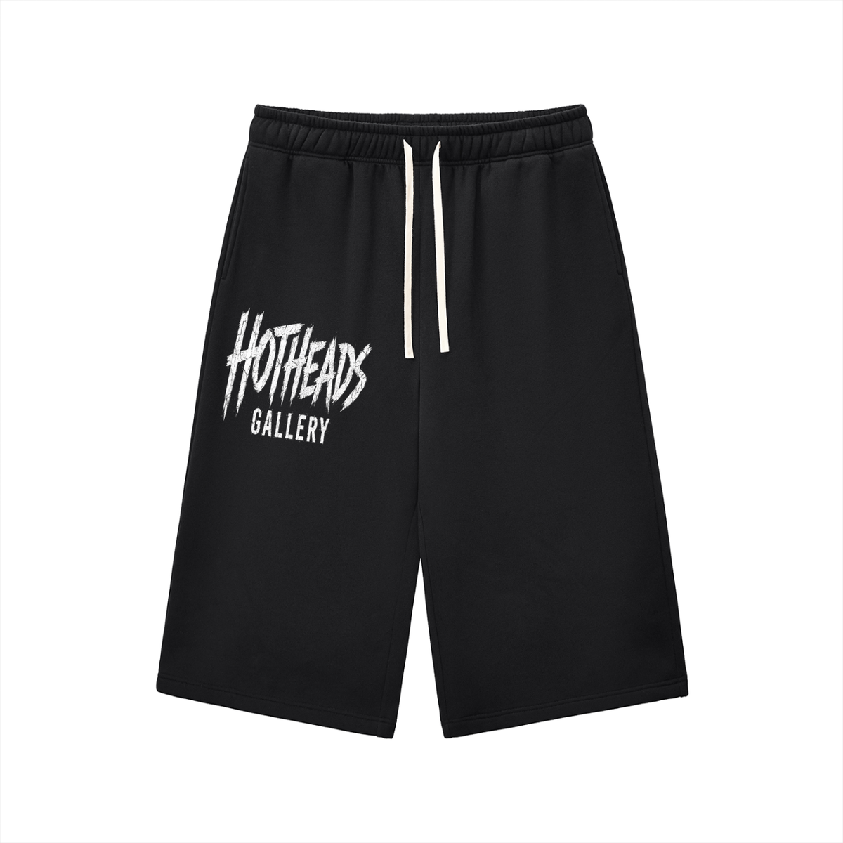 Front view of black Chaos in Art three-quarter sweatpants with white Hotheads Gallery artwork on one leg.