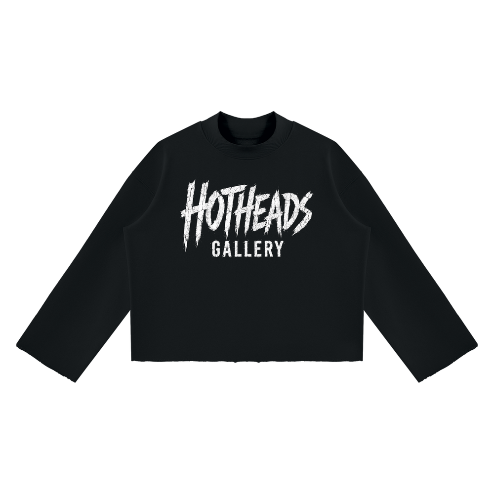Front view of a black Chaos in Art sweatshirt with white Hotheads Gallery chest lettering.
