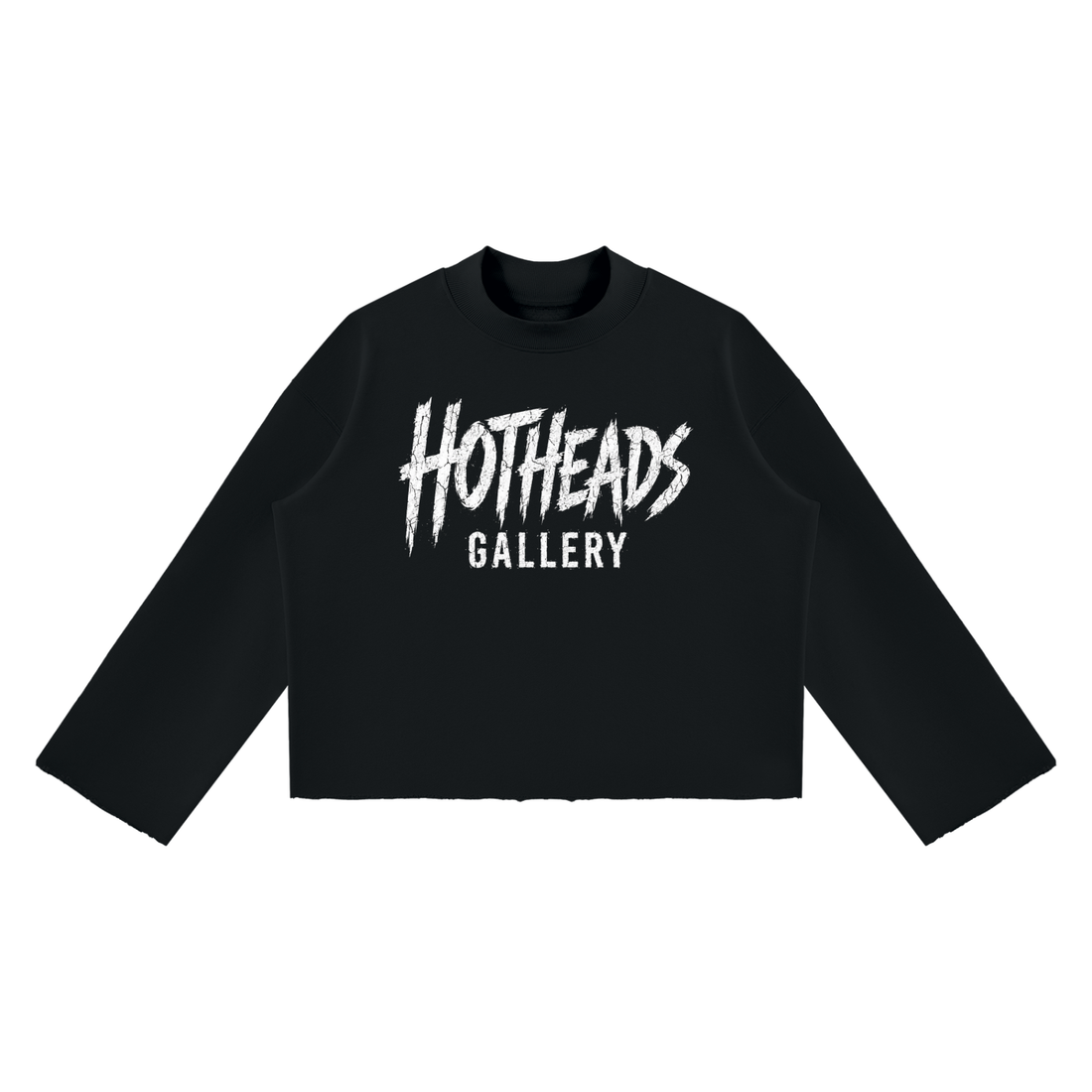 Front view of a black Chaos in Art sweatshirt with white Hotheads Gallery chest lettering.