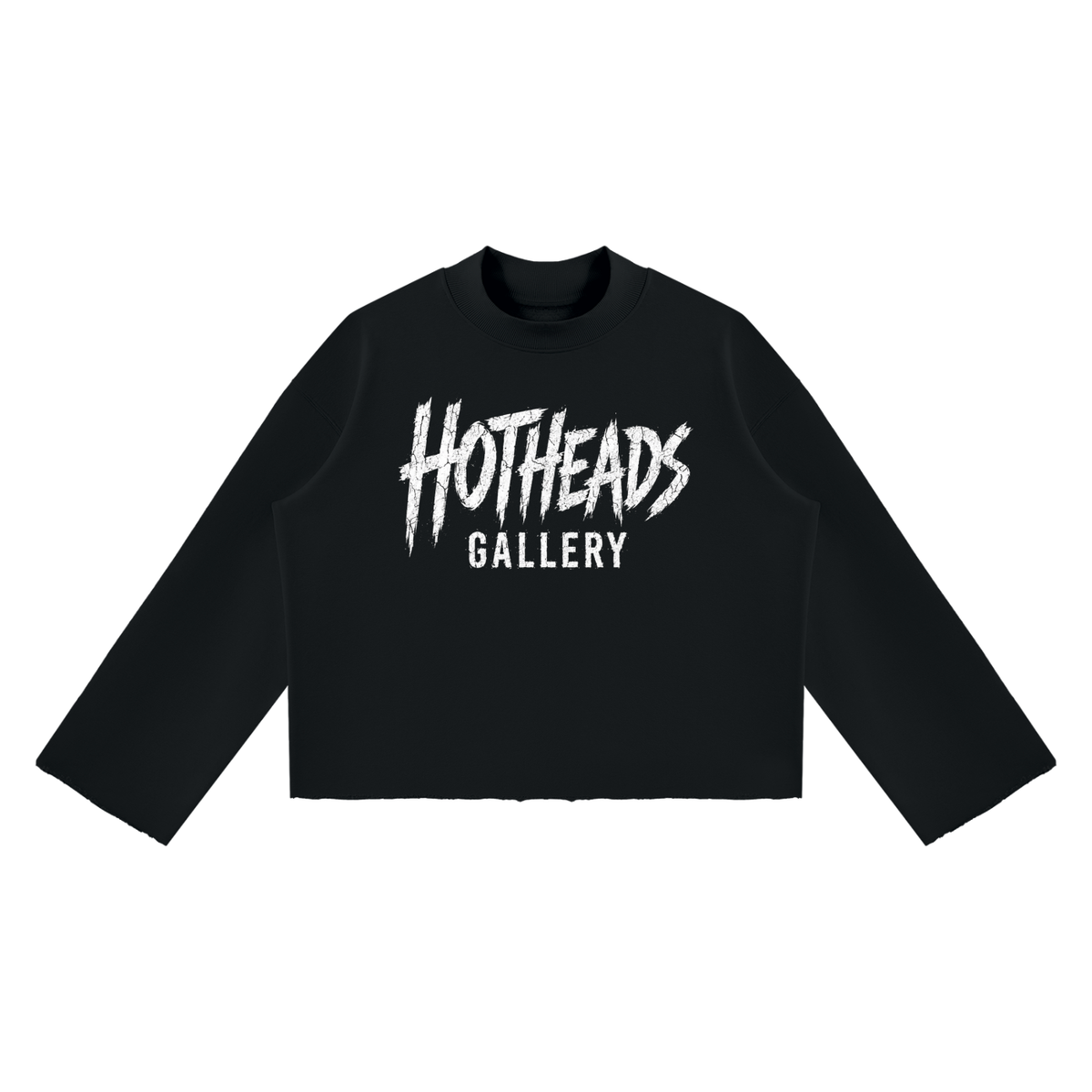 Front view of a black Chaos in Art sweatshirt with white Hotheads Gallery chest lettering.