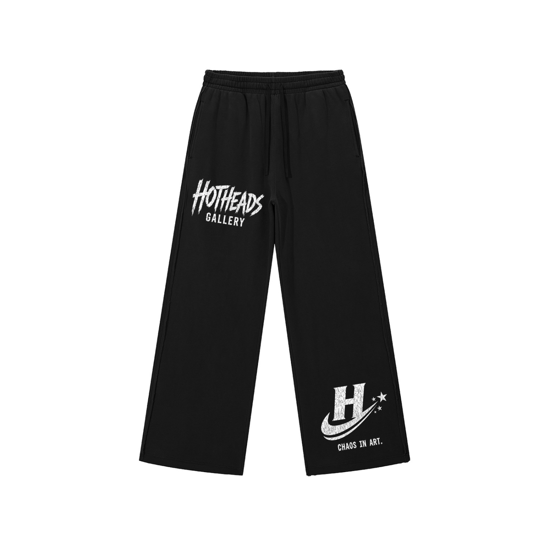 Front of black Chaos in Art Raw-Edge Baggy Sweatpants with white leg graphics