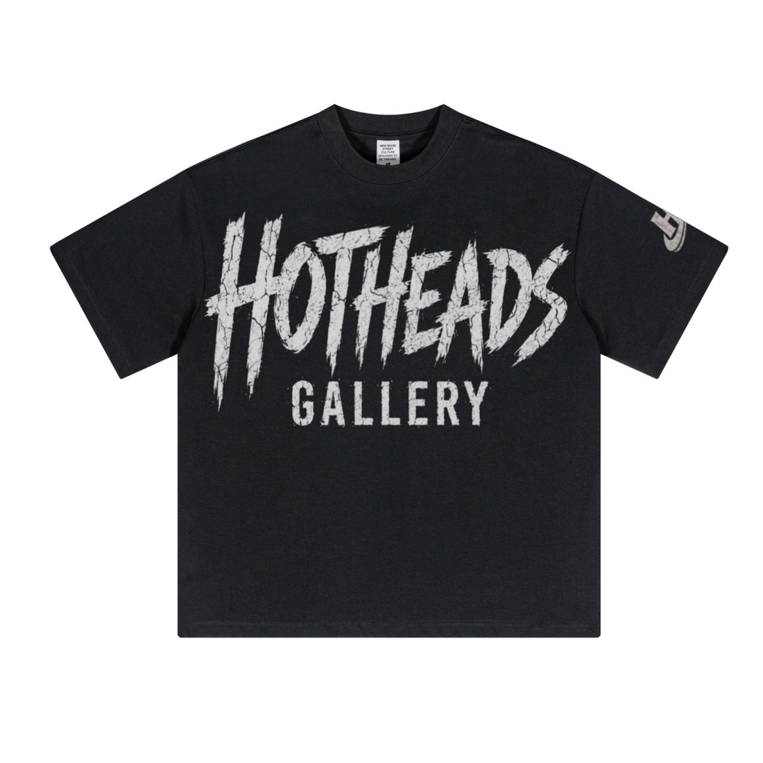 Front of black Chaos in Art Signature Tee with white Hotheads Gallery graphic