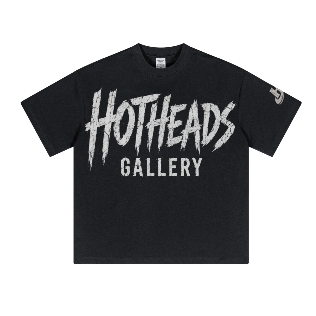 Front of black Chaos in Art Signature Tee with white Hotheads Gallery graphic