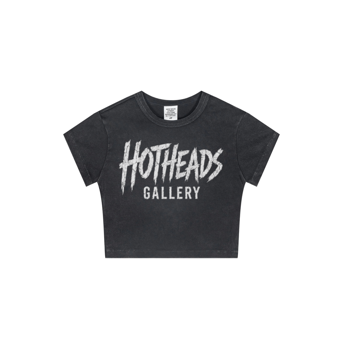 Front view of a charcoal Chaos in Art crop tee with white Hotheads Gallery lettering.