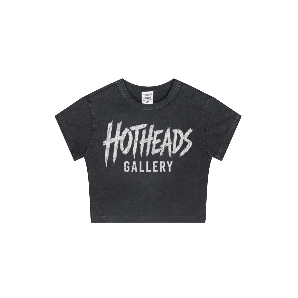 Front view of a charcoal Chaos in Art crop tee with white Hotheads Gallery lettering.