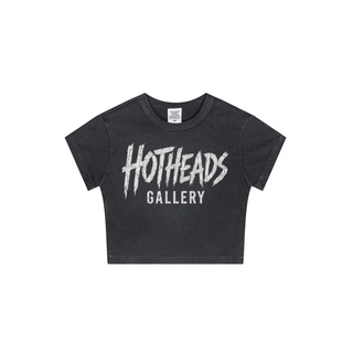 Front view of a charcoal Chaos in Art crop tee with white Hotheads Gallery lettering.