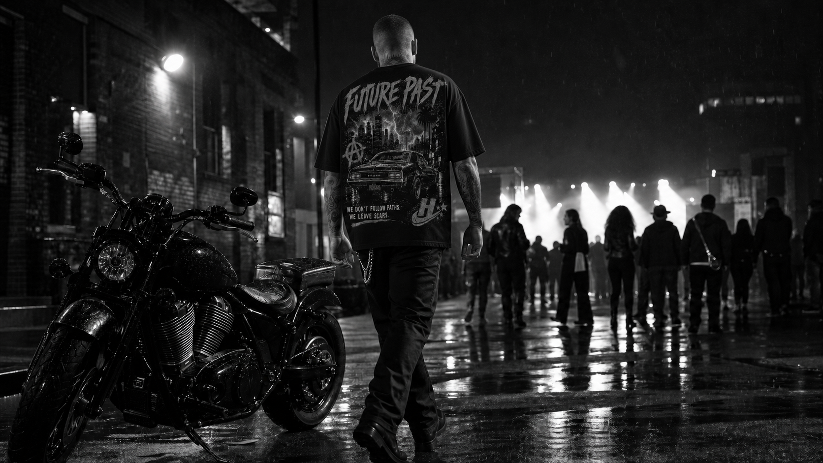 Hotheads Gallery Future Past model beside a motorcycle in the rain